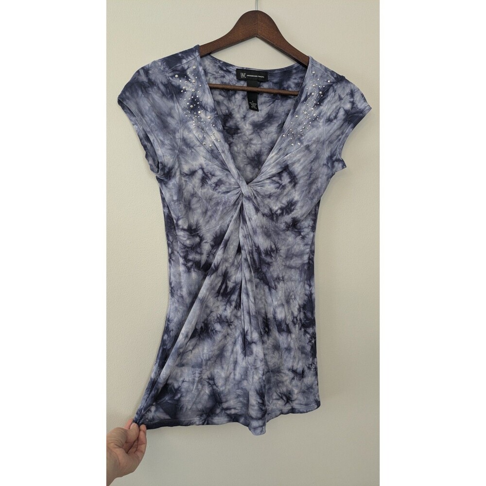 90s Y2K INC Babydoll Tunic Top S Fairy Grunge Twist Front Rhinestone Blue